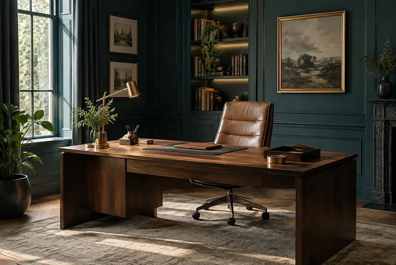 Illustrative private office with walnut desk and leather chair