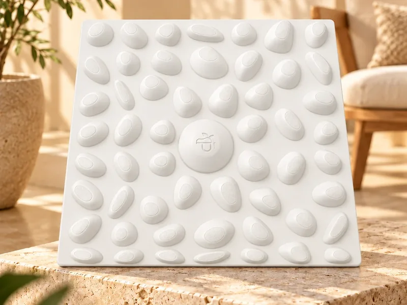 Pebble Path acupressure plate on a stone plinth in a sunlit room