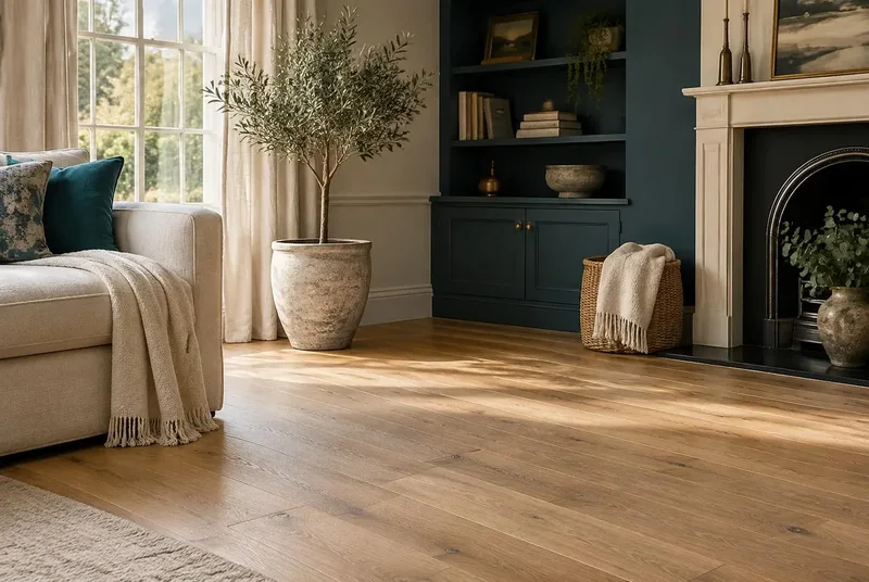 Illustrative living room with oak floor and deep-petrol shelving