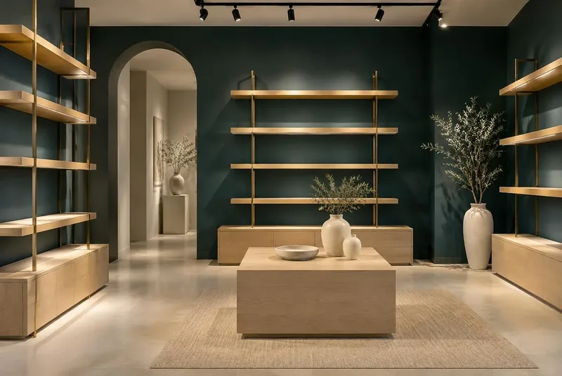 Illustrative boutique with empty bronze display shelving