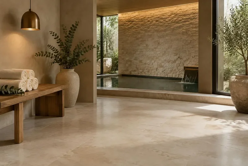 Illustrative spa interior with stone wall, pool and folded towels