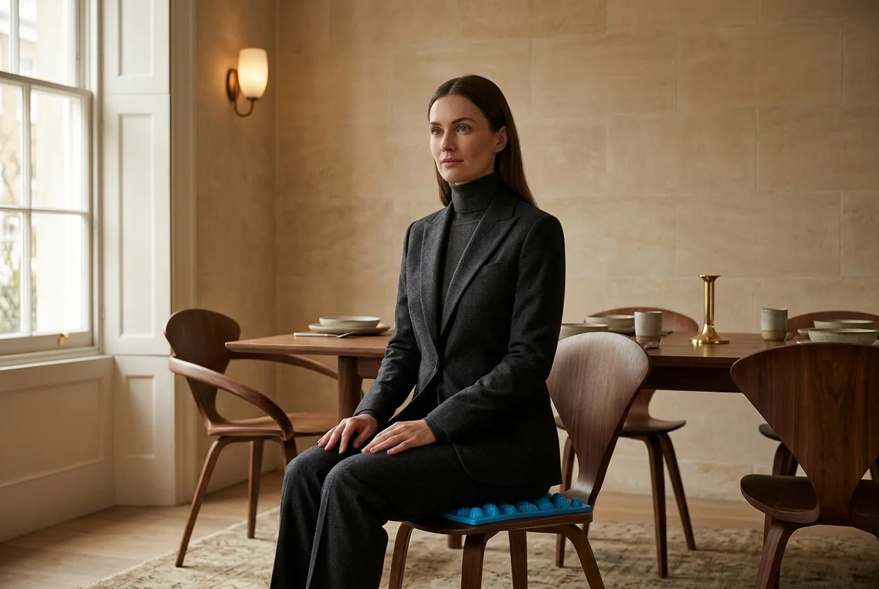 Person seated on a dining chair on the blue AirSeat seated acupressure plate