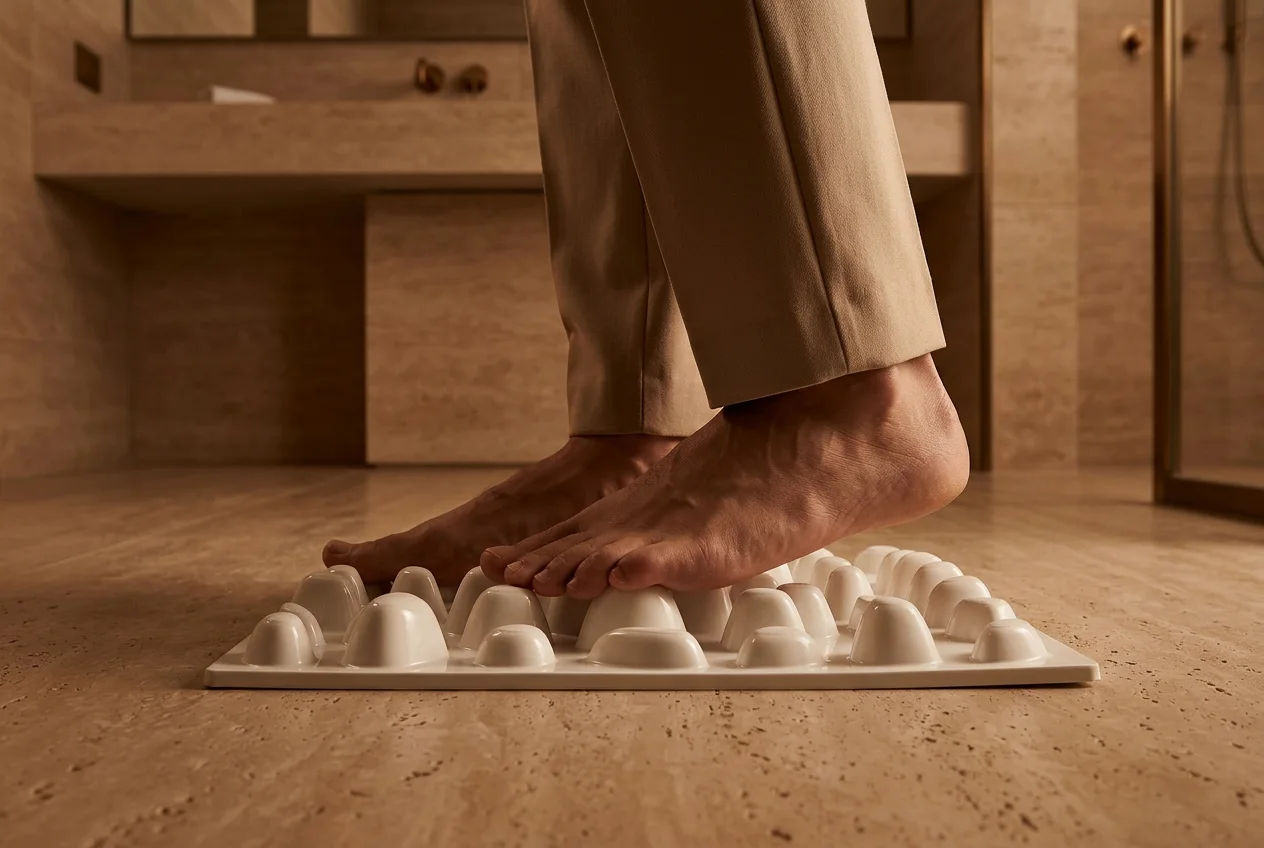 Person standing barefoot on the Pebble Path reflexology stone plate
